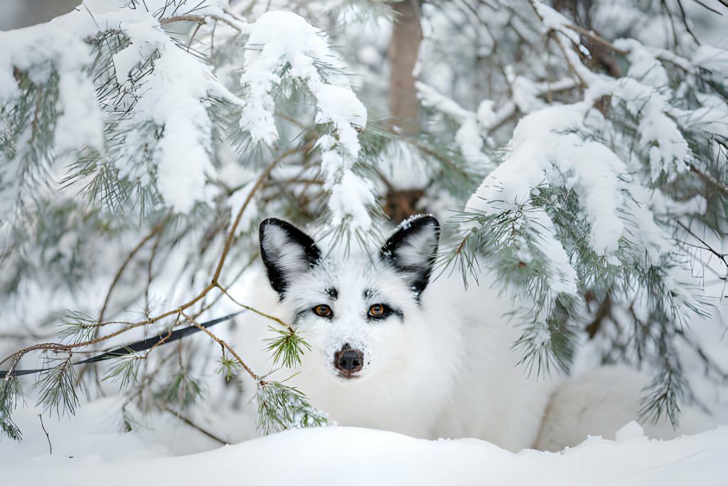 Marble fox camouflaged in a snowy forest.