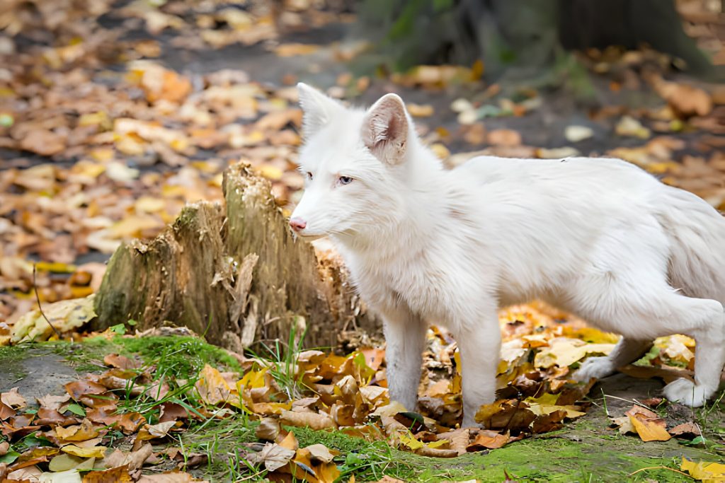 White Canadian marble fox in a forest during fall.